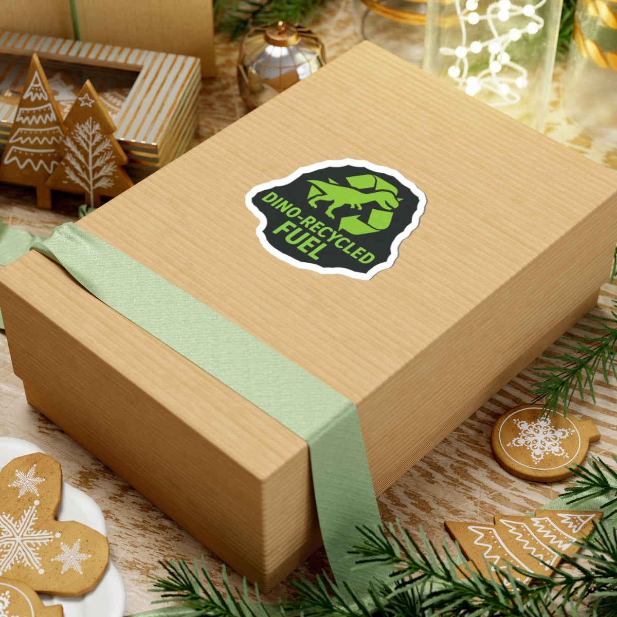 Sticker — Dino-Recycled Fuel Kiss-Cut Sticker (Green T. rex Recycling Logo)
