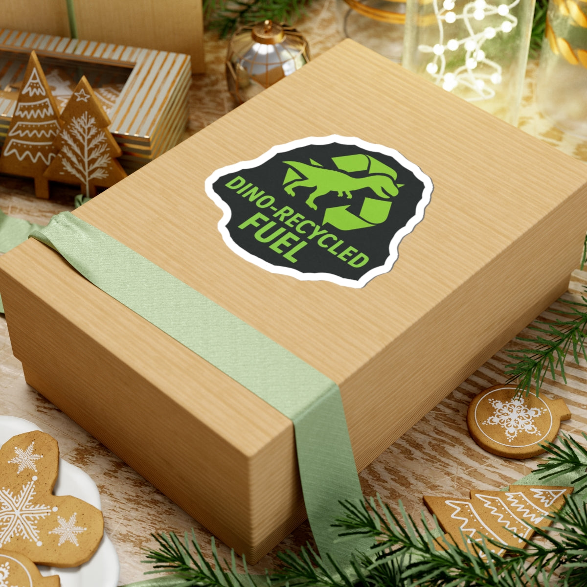 Sticker — Dino-Recycled Fuel Kiss-Cut Sticker (Green T. rex Recycling Logo)